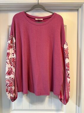 Haptics Pink Waffle Knit Top with Printed Balloon Sleeves
